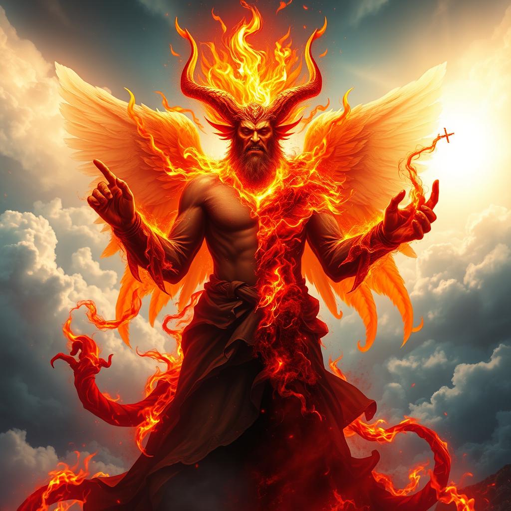 An evocative and dramatic scene depicting Azazil, a once-glorious creature made of fire, initially radiant and angelic, standing in a heavenly realm filled with divine light and clouds
