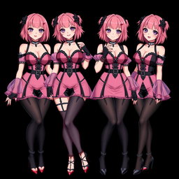 An alluring scene showcasing four sexy gothic anime dominatrix girls, each smiling subtly with a flustered expression and a soft blush on their cheeks