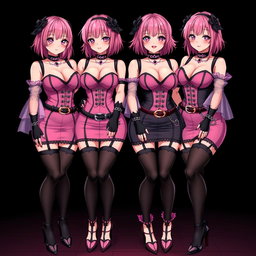 An alluring scene showcasing four sexy gothic anime dominatrix girls, each smiling subtly with a flustered expression and a soft blush on their cheeks