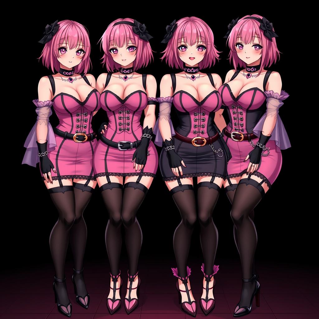 An alluring scene showcasing four sexy gothic anime dominatrix girls, each smiling subtly with a flustered expression and a soft blush on their cheeks