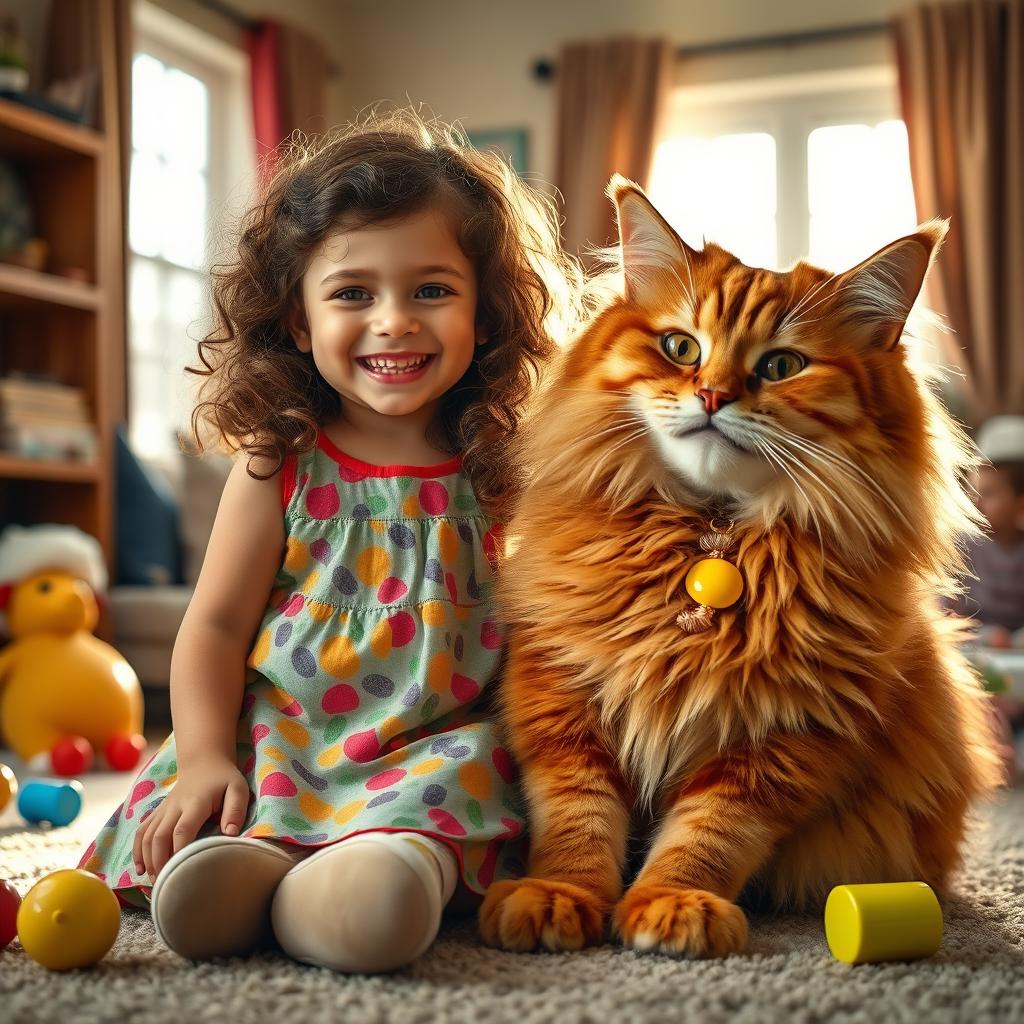 A large, fluffy cat sitting beside a cheerful little girl