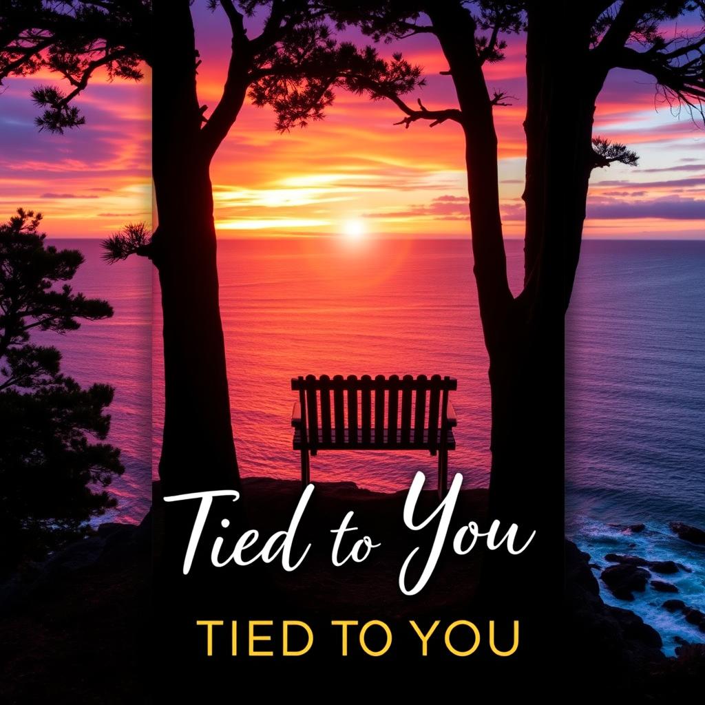 A breathtaking book cover design for 'Tied to You', featuring a tranquil scene of a wooden bench overlooking a stunning sunset