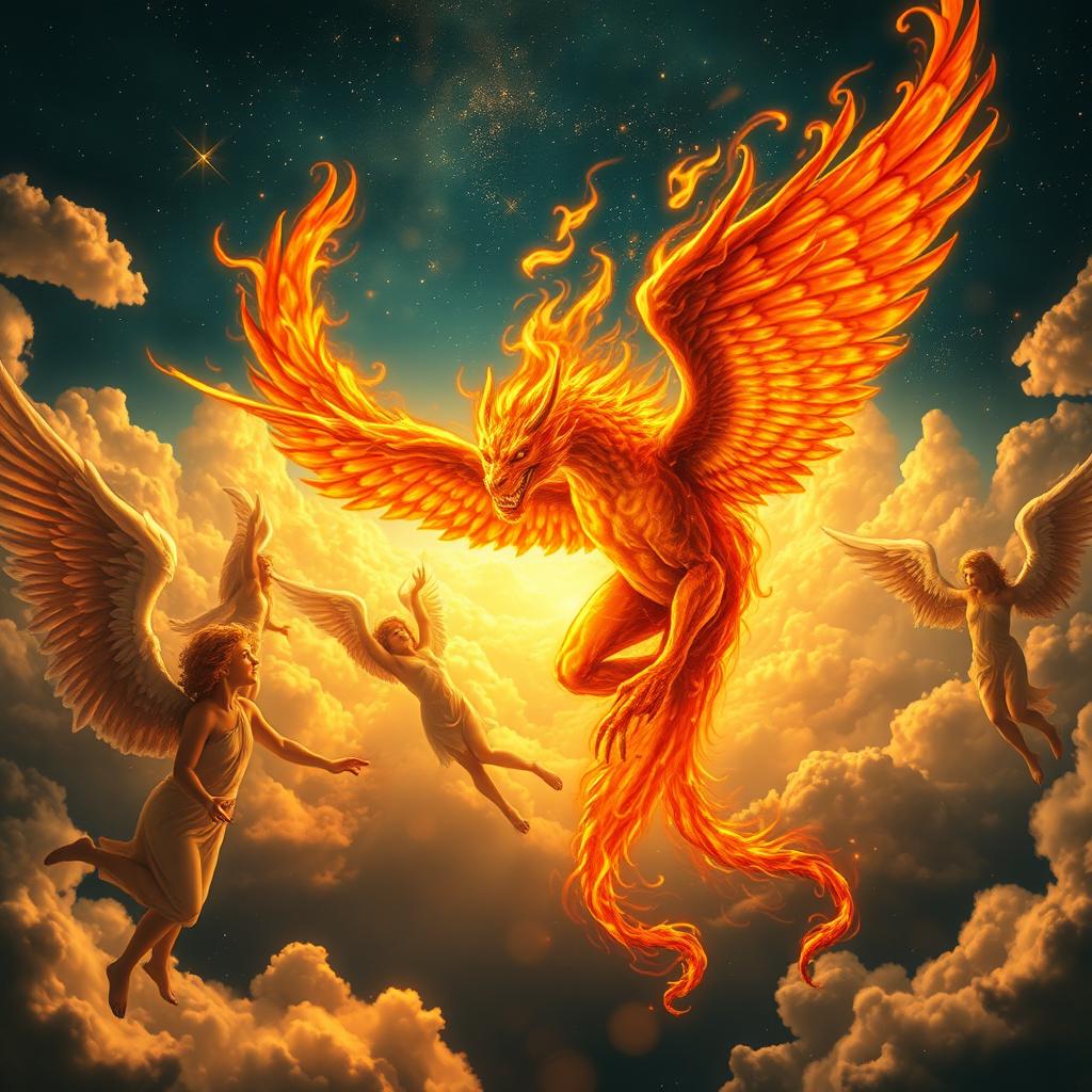 A dramatic and ethereal depiction of a fiery creature, resembling a majestic being made of flames, soaring through a celestial landscape