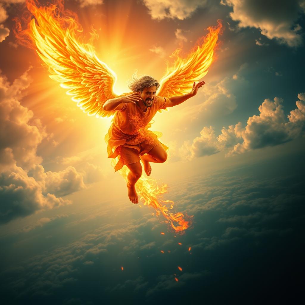 An artistically presented scene depicting the fall of a fiery angel from heaven, embodying a sense of grandeur and tragedy