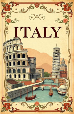 A vintage-style book cover featuring the title "ITALY" in elegant, bold typography