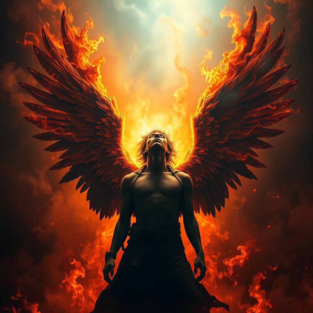 A powerful and dramatic depiction of a fallen being who was once close to glory, now surrounded by flames and smoke, symbolizing their fall from heaven