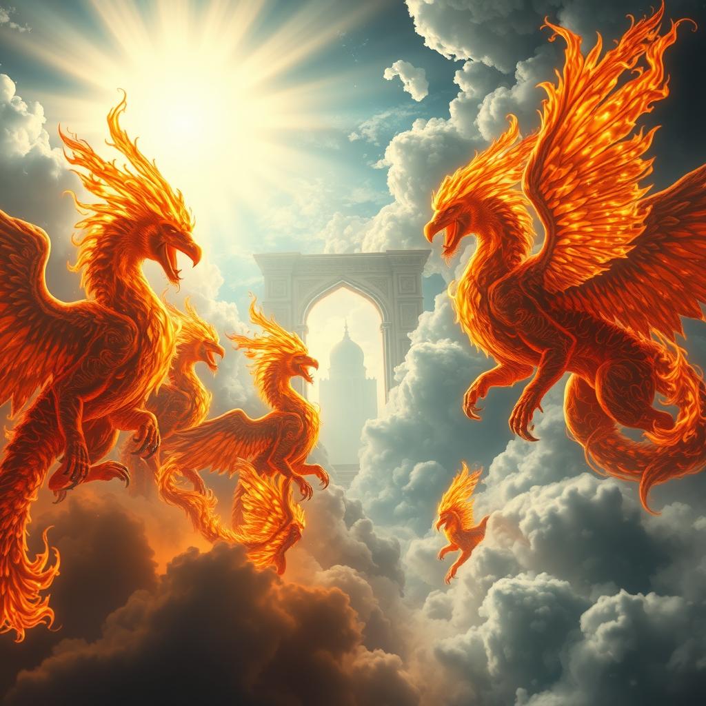 A dramatic scene depicting heavenly creatures made of fire, symbolizing their arrogance and bright, luminous forms