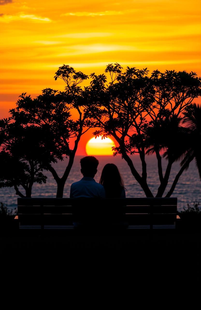 A beautiful scene of a bench facing a stunning sunset, with silhouettes of trees and an ocean below