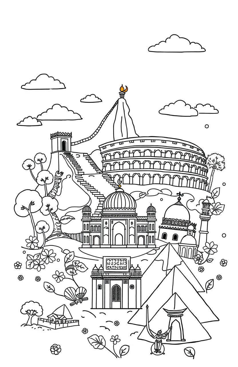 A beautifully illustrated coloring book page featuring wonders of the world
