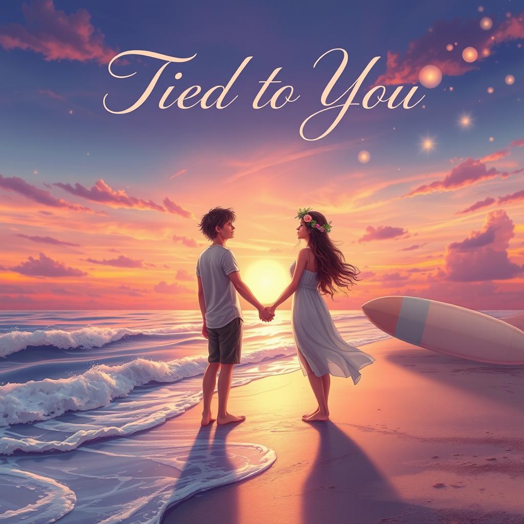 A stunning book cover for ‘Tied to You’ by Mswriteryzi, designed to evoke the enchanting feel of Wattpad stories such as ‘Chasing the Sun’ or ‘Taming the Waves’ but with a fresh artistic style