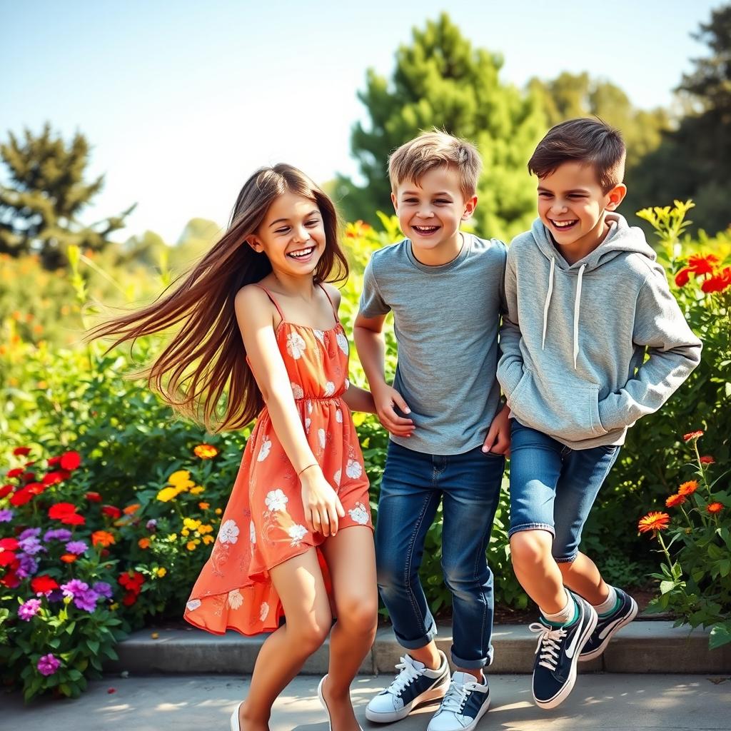 A dynamic scene featuring one girl and two boys interacting in a vibrant, outdoor setting