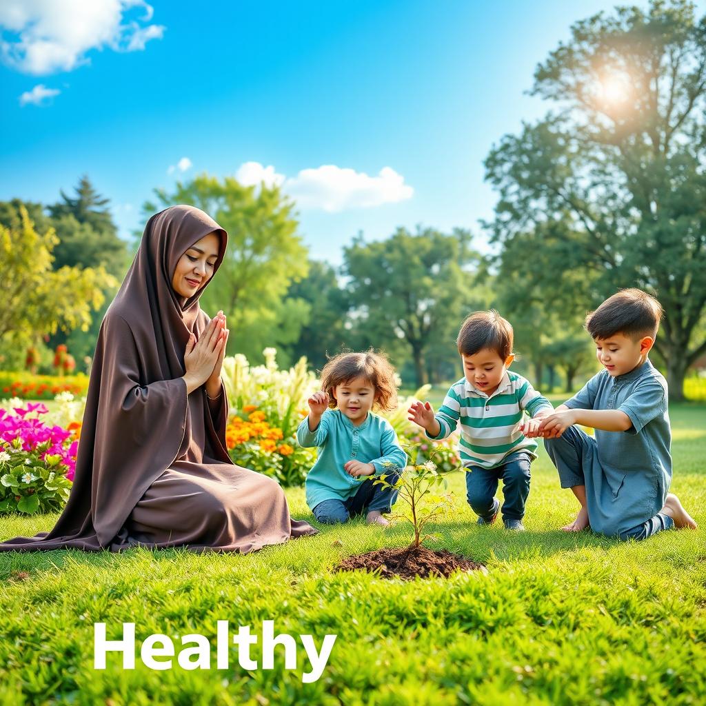 A beautiful family scene in nature promoting a healthy lifestyle, featuring family members dressed in Islamic clothing