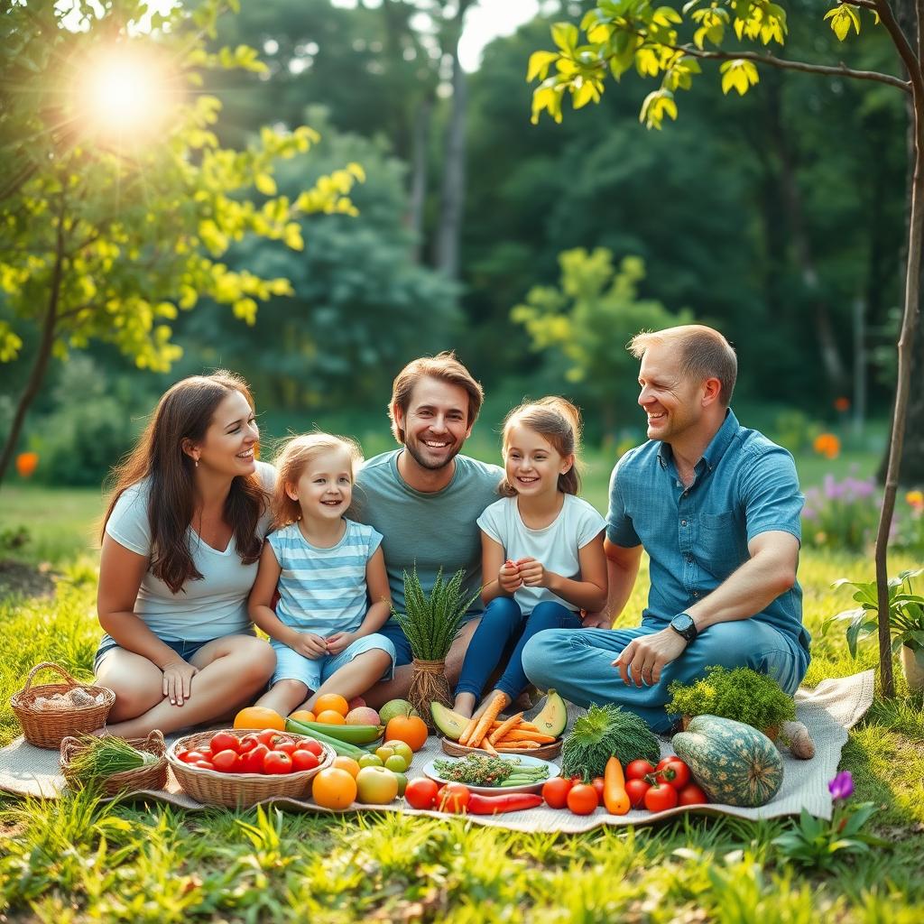 A happy family sitting on a mat in a beautiful natural setting, promoting a healthy lifestyle