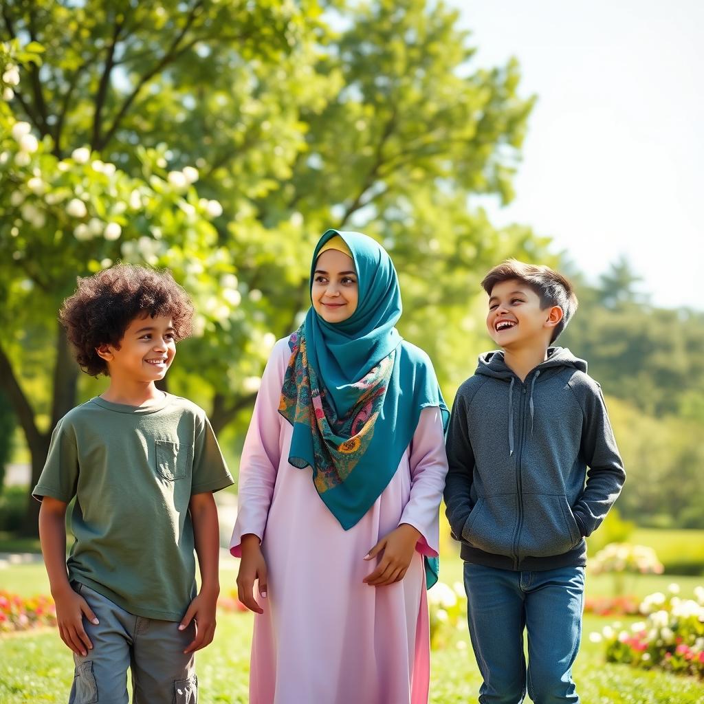 A young Muslim girl wearing a colorful hijab, standing confidently in a vibrant park