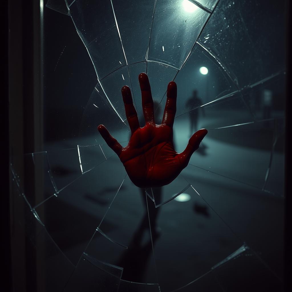 A shattered glass window with a bloodied handprint smeared across it, creating a chilling atmosphere