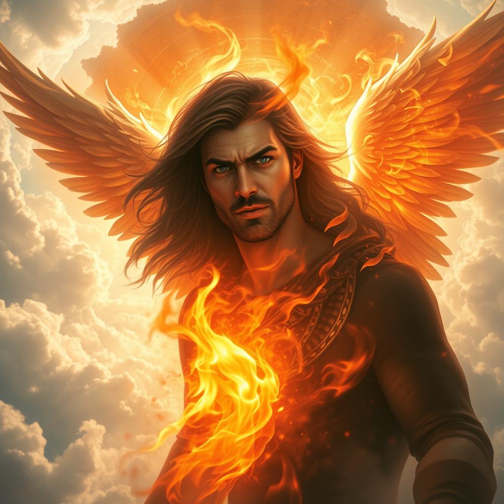 An ethereal depiction of Azazil, the fallen angel, once radiant and exalted, created from fire