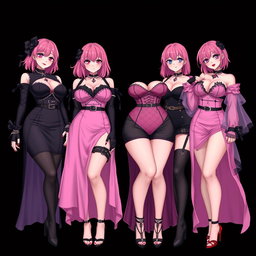 An enchanting scene featuring four sexy gothic anime dominatrix girls, each showcasing a flustered subtle smile accented by a soft blush on their cheeks