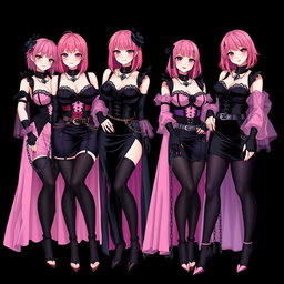 An enchanting scene featuring four sexy gothic anime dominatrix girls, each showcasing a flustered subtle smile accented by a soft blush on their cheeks
