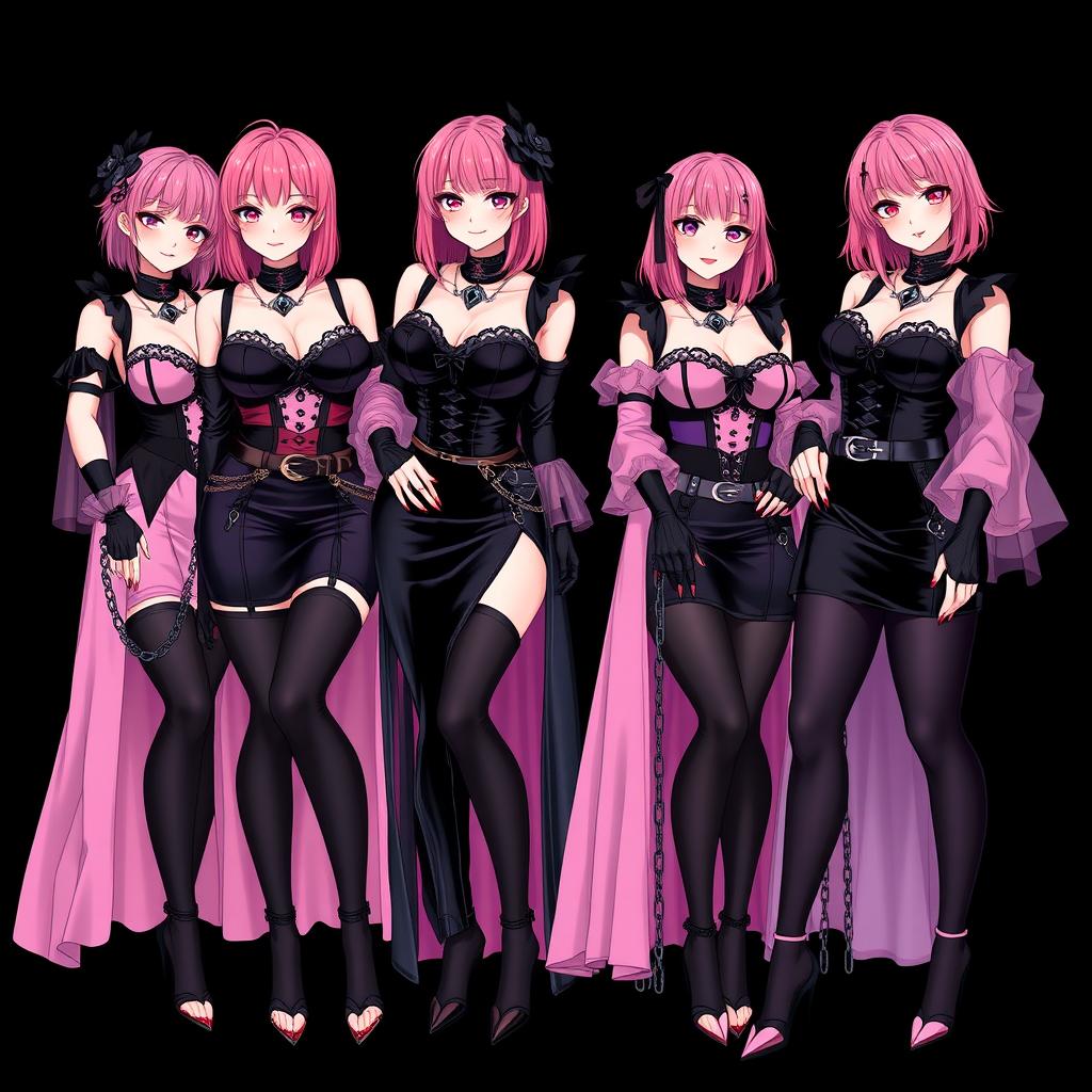 An enchanting scene featuring four sexy gothic anime dominatrix girls, each showcasing a flustered subtle smile accented by a soft blush on their cheeks