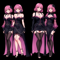 An enchanting scene featuring four sexy gothic anime dominatrix girls, each showcasing a flustered subtle smile accented by a soft blush on their cheeks