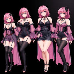 An enchanting scene featuring four sexy gothic anime dominatrix girls, each showcasing a flustered subtle smile accented by a soft blush on their cheeks