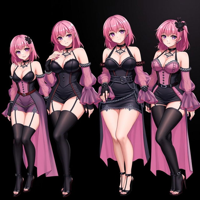 An enchanting scene featuring four sexy gothic anime dominatrix girls, each showcasing a flustered subtle smile accented by a soft blush on their cheeks