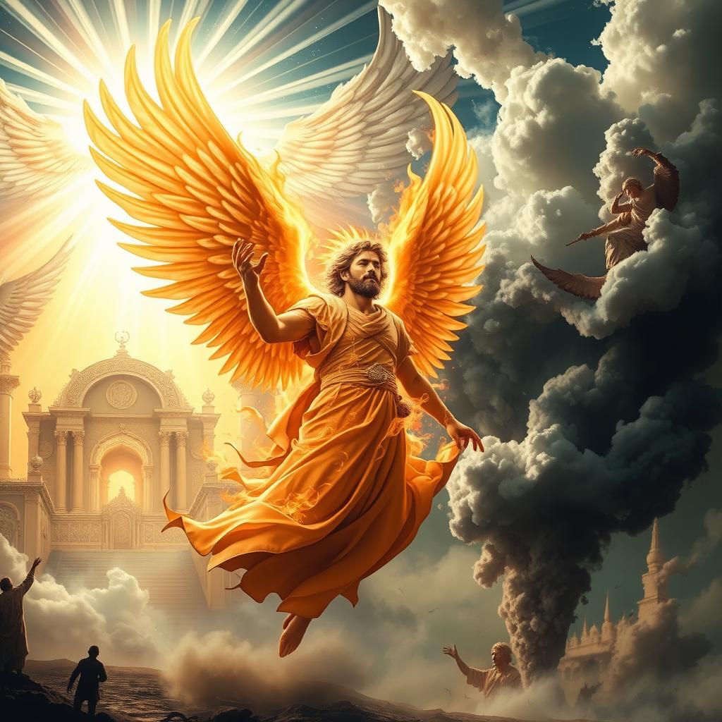 A dramatic and symbolic representation of Azazil, the fire angel, in a heavenly realm, shimmering with divine light and celestial beauty