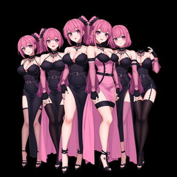 An enticing scene featuring four sexy gothic anime dominatrix girls, each with a flustered yet subtle smile and a gentle blush on their cheeks