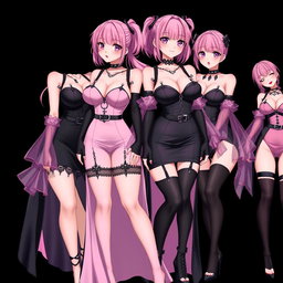 An enticing scene featuring four sexy gothic anime dominatrix girls, each with a flustered yet subtle smile and a gentle blush on their cheeks