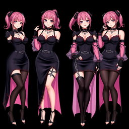 An enticing scene featuring four sexy gothic anime dominatrix girls, each with a flustered yet subtle smile and a gentle blush on their cheeks