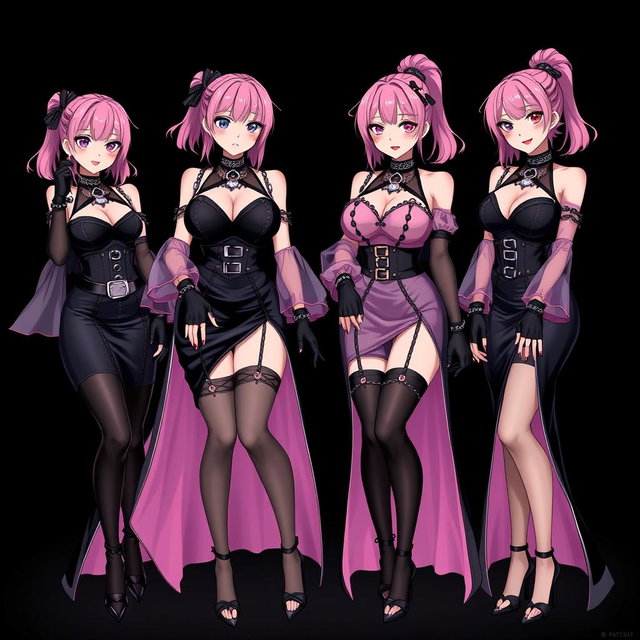 An enticing scene featuring four sexy gothic anime dominatrix girls, each with a flustered yet subtle smile and a gentle blush on their cheeks