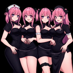 An enticing scene featuring four sexy gothic anime dominatrix girls, each displaying a flustered subtle smile complemented by a soft blush