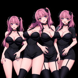 An enticing scene featuring four sexy gothic anime dominatrix girls, each displaying a flustered subtle smile complemented by a soft blush