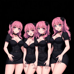An enticing scene featuring four sexy gothic anime dominatrix girls, each displaying a flustered subtle smile complemented by a soft blush