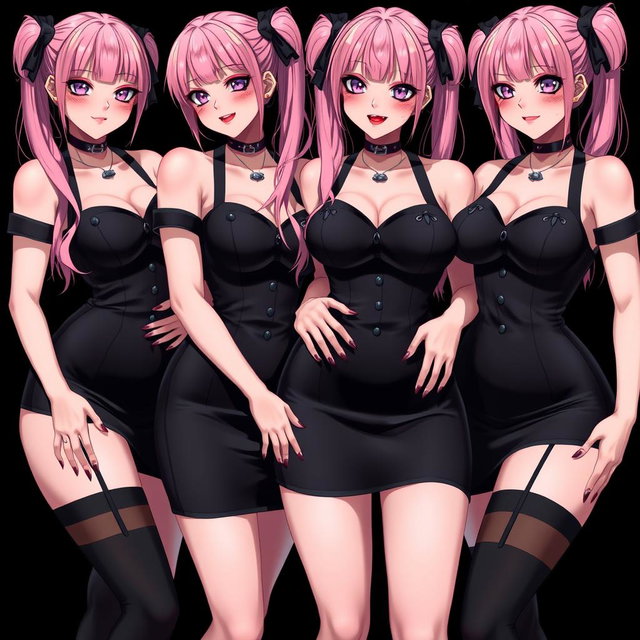 An enticing scene featuring four sexy gothic anime dominatrix girls, each displaying a flustered subtle smile complemented by a soft blush
