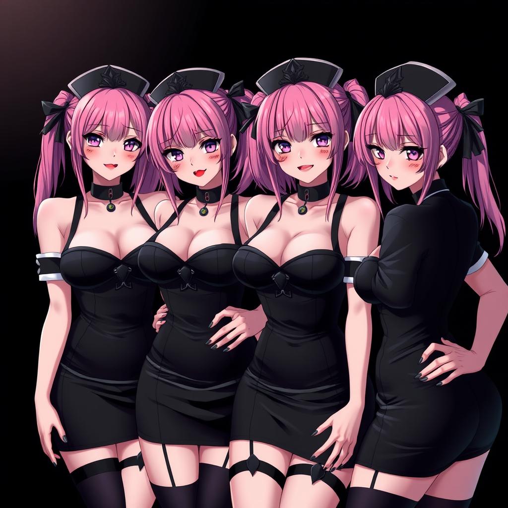 An alluring scene featuring four sexy gothic anime dominatrix girls, each exhibiting a flustered subtle smile accentuated by a gentle blush on their cheeks