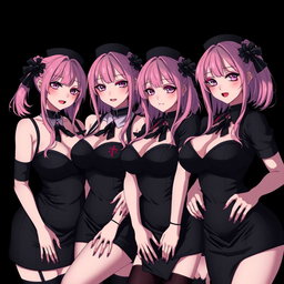 An alluring scene featuring four sexy gothic anime dominatrix girls, each exhibiting a flustered subtle smile accentuated by a gentle blush on their cheeks