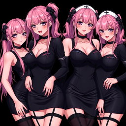 An alluring scene featuring four sexy gothic anime dominatrix girls, each exhibiting a flustered subtle smile accentuated by a gentle blush on their cheeks