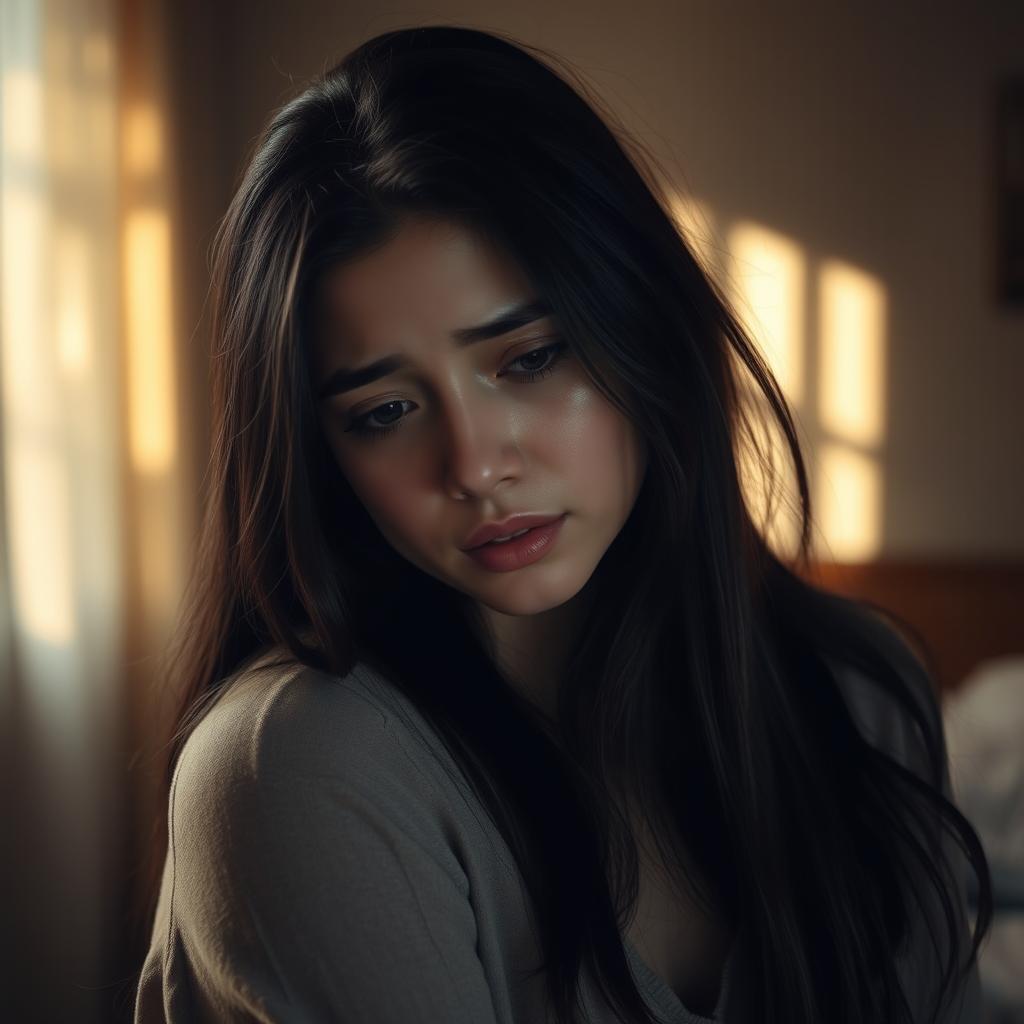 A melancholic scene featuring a woman crying, portraying deep emotions and vulnerability