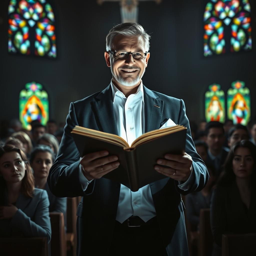 A charismatic preacher holding an open Bible, with a sly smile, standing in a dimly lit church