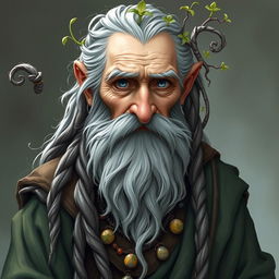 An old human male druid character in a fantasy Dungeons & Dragons setting, featuring a scruffy gray beard and long, unkempt hair adorned with a tail and intricate braids