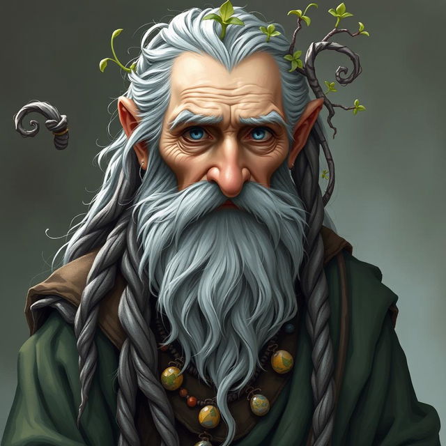 An old human male druid character in a fantasy Dungeons & Dragons setting, featuring a scruffy gray beard and long, unkempt hair adorned with a tail and intricate braids