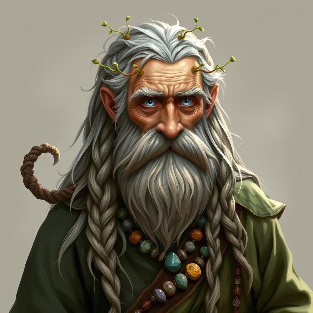 An old human male druid character in a fantasy Dungeons & Dragons setting, featuring a scruffy gray beard and long, unkempt hair adorned with a tail and intricate braids