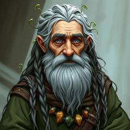 An old human male druid character in a fantasy Dungeons & Dragons setting, featuring a scruffy gray beard and long, unkempt hair adorned with a tail and intricate braids