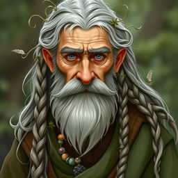 An old human male druid character in a fantasy Dungeons & Dragons setting, featuring a scruffy gray beard and long, unkempt hair adorned with a tail and intricate braids