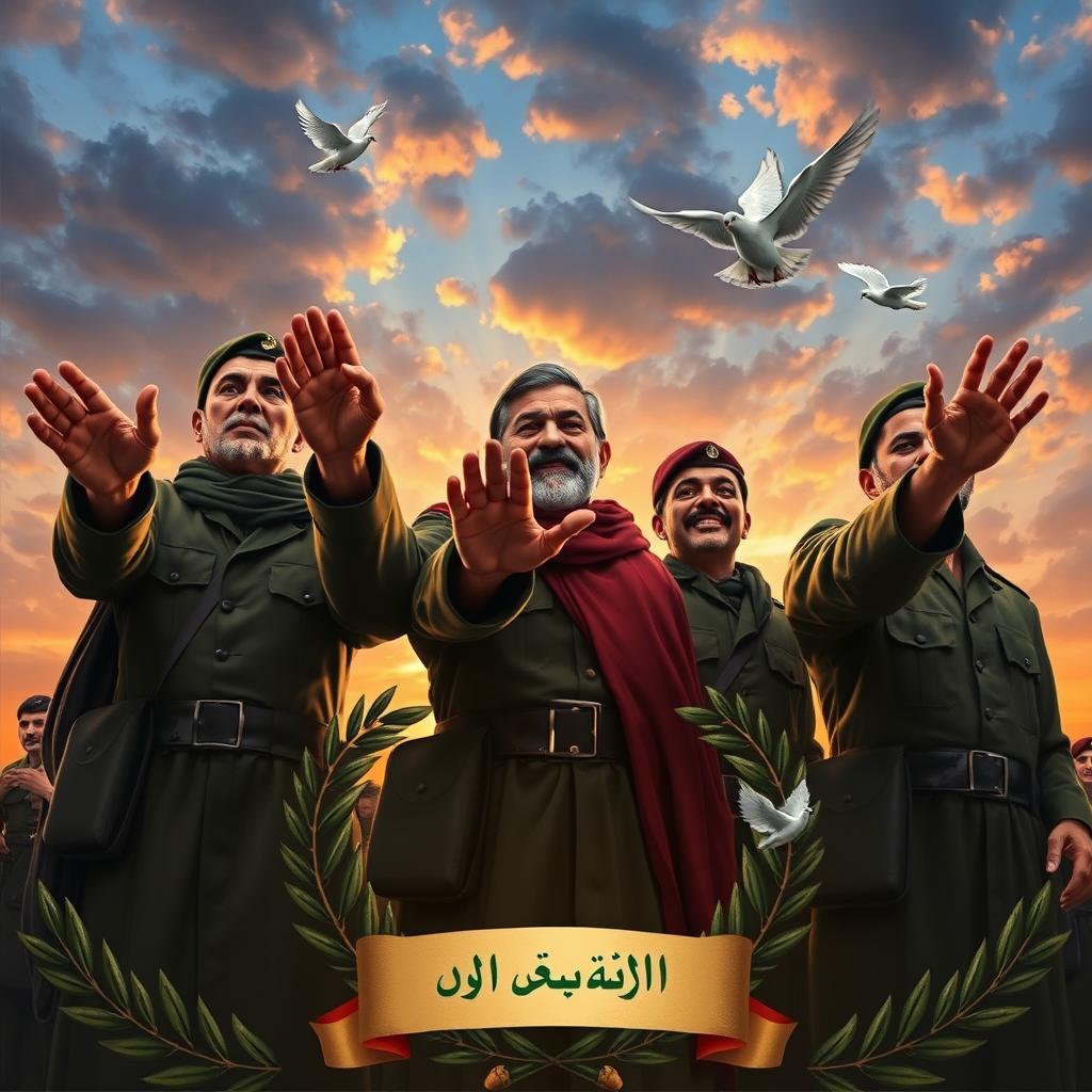 An artistic representation of Iranian martyrs from the Sacred Defense era, depicted in a heroic and respectful manner