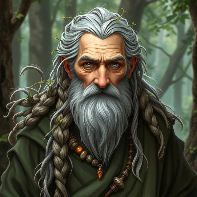 An old human male druid character in a fantasy Dungeons & Dragons setting, around 60 years old, featuring a scruffy gray beard and long, flowing hair styled with a tail and intricate braids