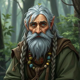 An old human male druid character in a fantasy Dungeons & Dragons setting, around 60 years old, featuring a scruffy gray beard and long, flowing hair styled with a tail and intricate braids