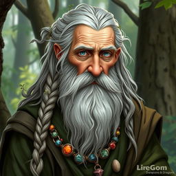 An old human male druid character in a fantasy Dungeons & Dragons setting, around 60 years old, featuring a scruffy gray beard and long, flowing hair styled with a tail and intricate braids