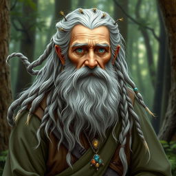 An old human male druid character in a fantasy Dungeons & Dragons setting, around 60 years old, featuring a scruffy gray beard and long, flowing hair styled with a tail and intricate braids